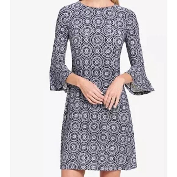 Tommy Hilfiger Dress Womens 2 Navy Blue White Medallion Print 3/4 Sleeve Midi - Picture 2 of 14